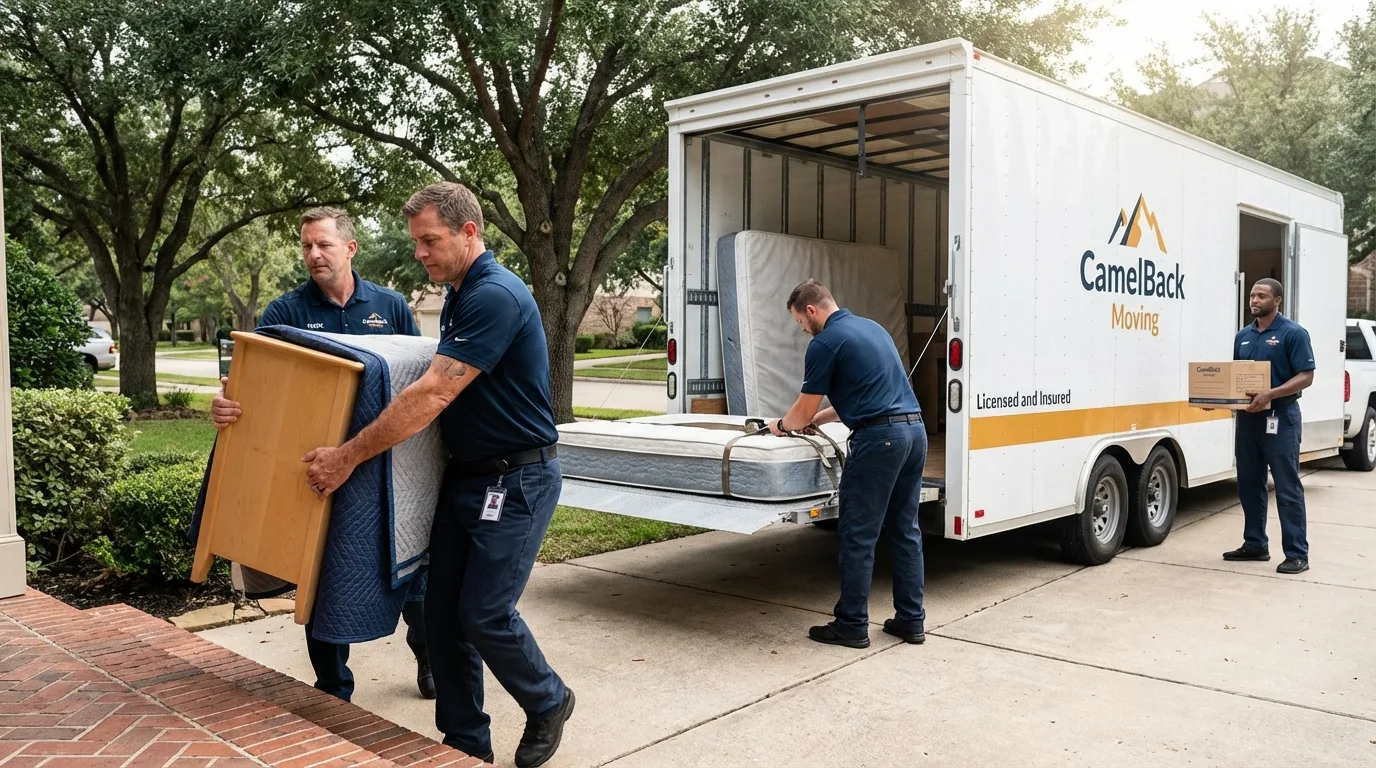 Crew loading residential truck for cross-state move from Hampton, IA