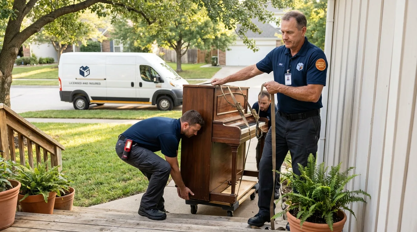 Licensed piano movers securing grand piano in Hampton, IA