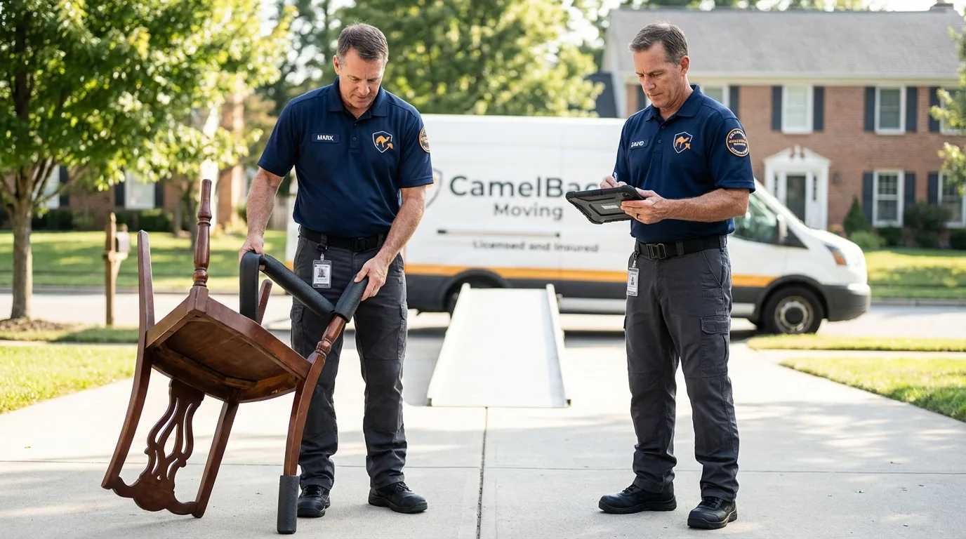 Movers inspecting furniture for damage prevention before loading in Hampton, IA