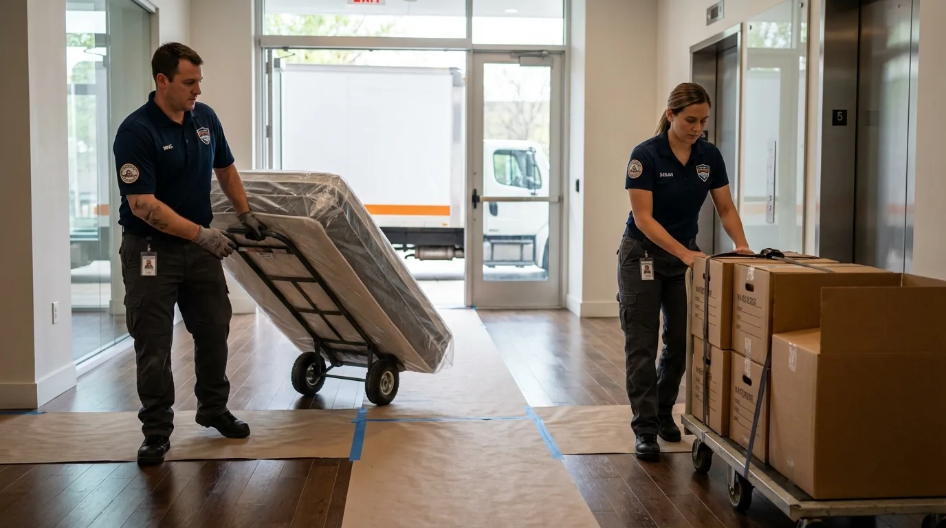 Professional apartment movers loading elevator in Hampton, IA