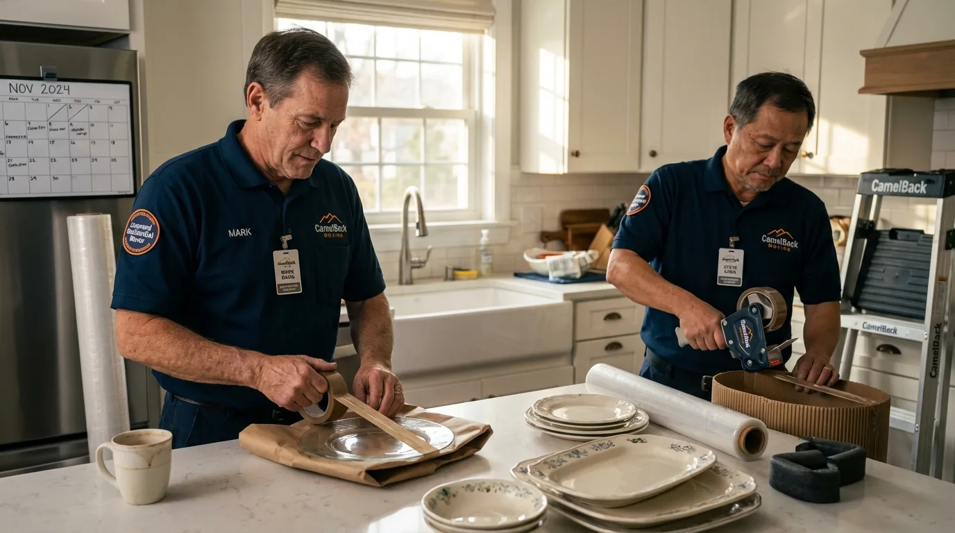 Professional crew packing kitchen dishware in Hampton, IA